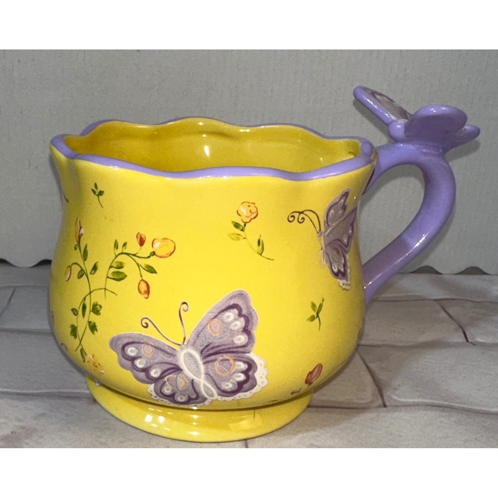 Teleflora Gift Yellow Butterfly Floral Ceramic Mug Scalloped Rim Purple Handle
